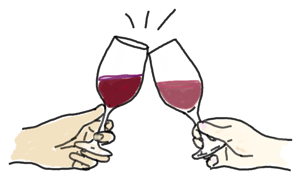 Hand-drawn glasses raised in a toast